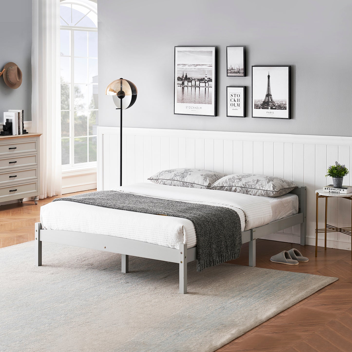 BIGLIA Double Pine Wooden Bed 146*198cm - Gray