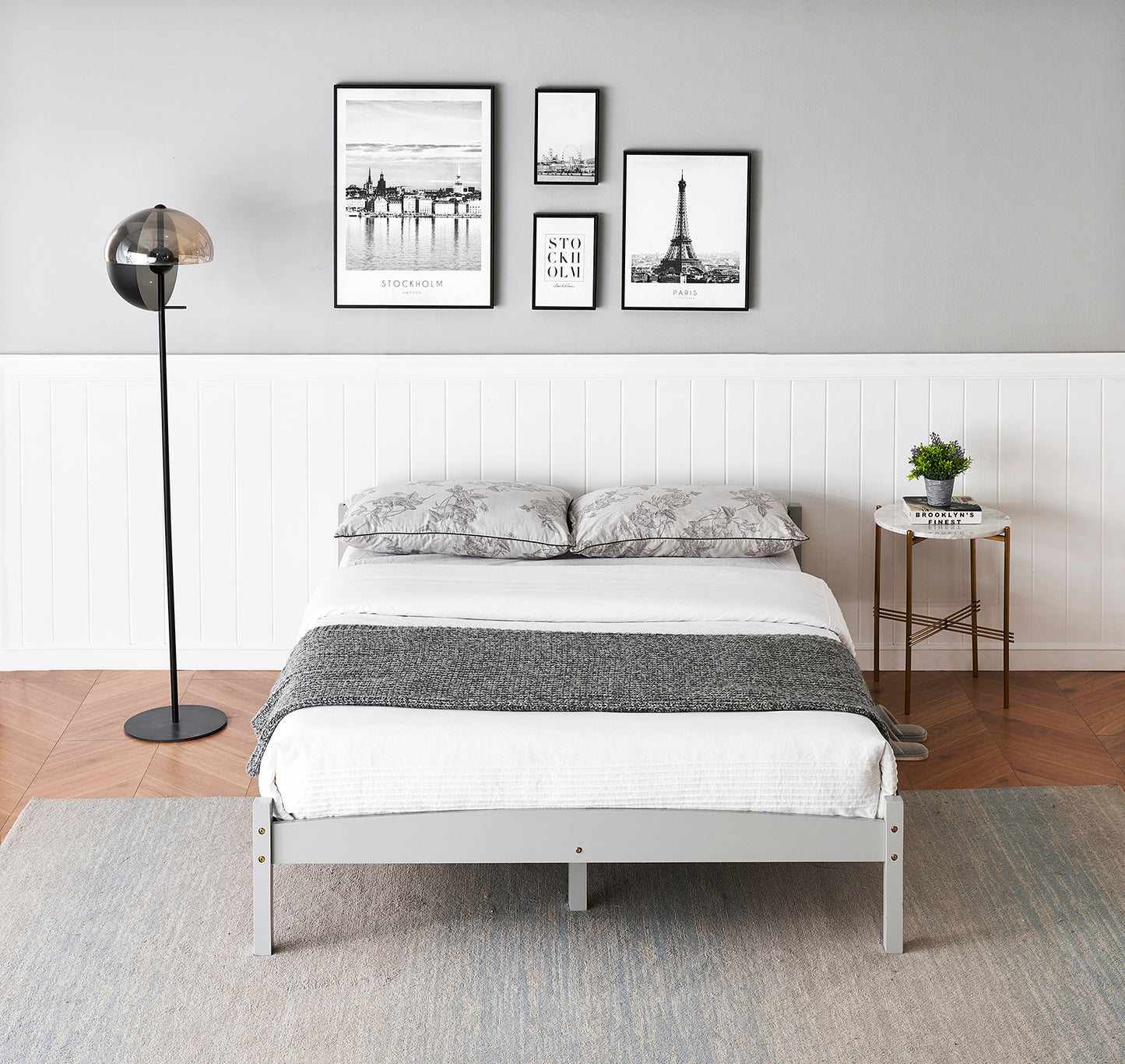 BIGLIA Double Pine Wooden Bed 146*198cm - Gray