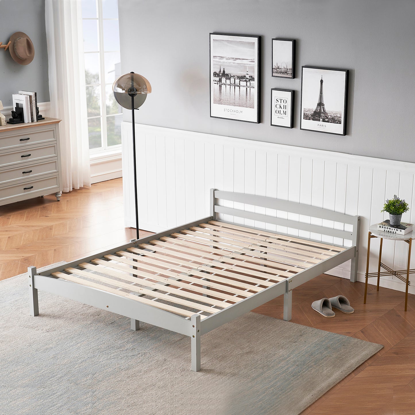 BIGLIA Double Pine Wooden Bed 146*198cm - Gray
