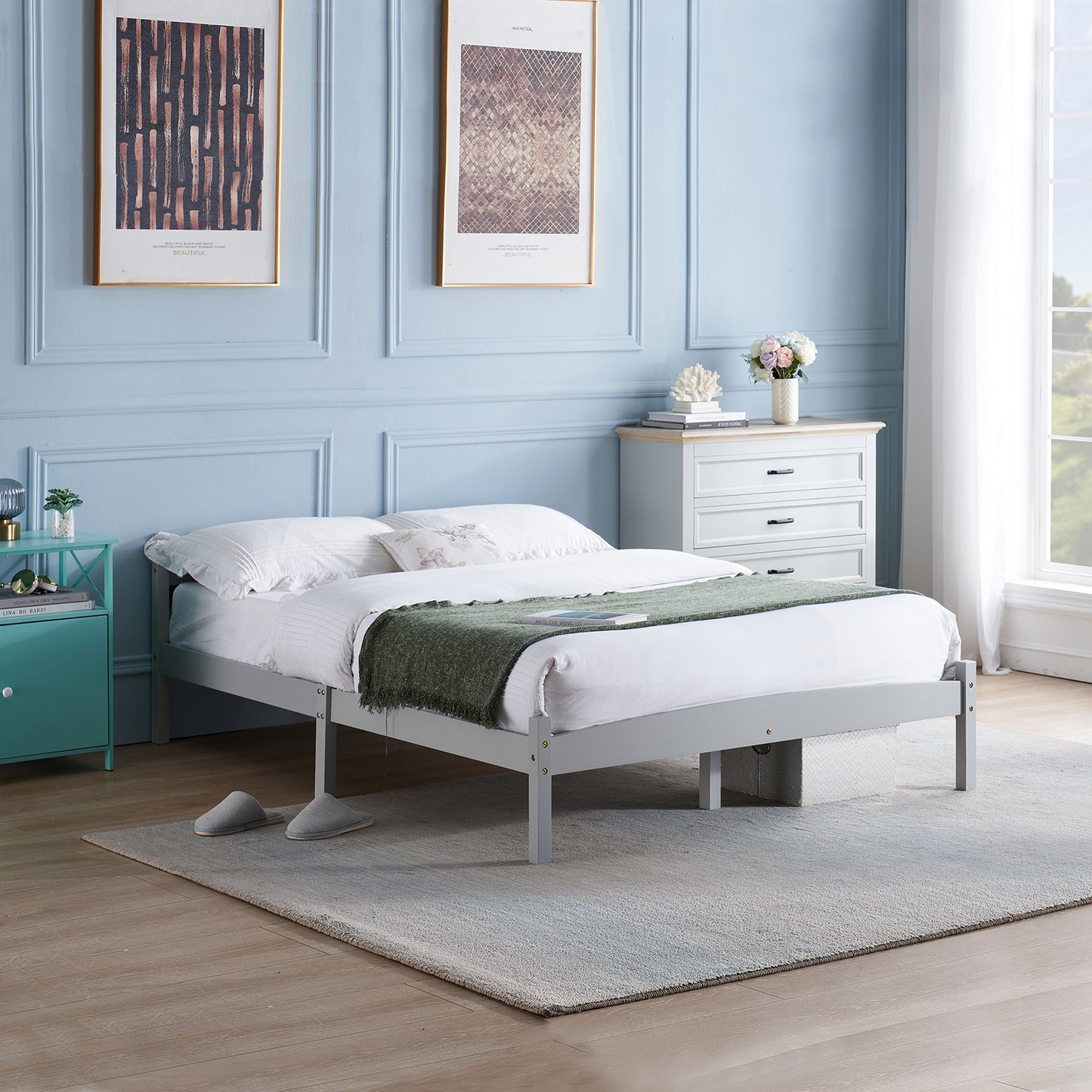 BIGLIA Double Pine Wooden Bed 146*198cm - Gray