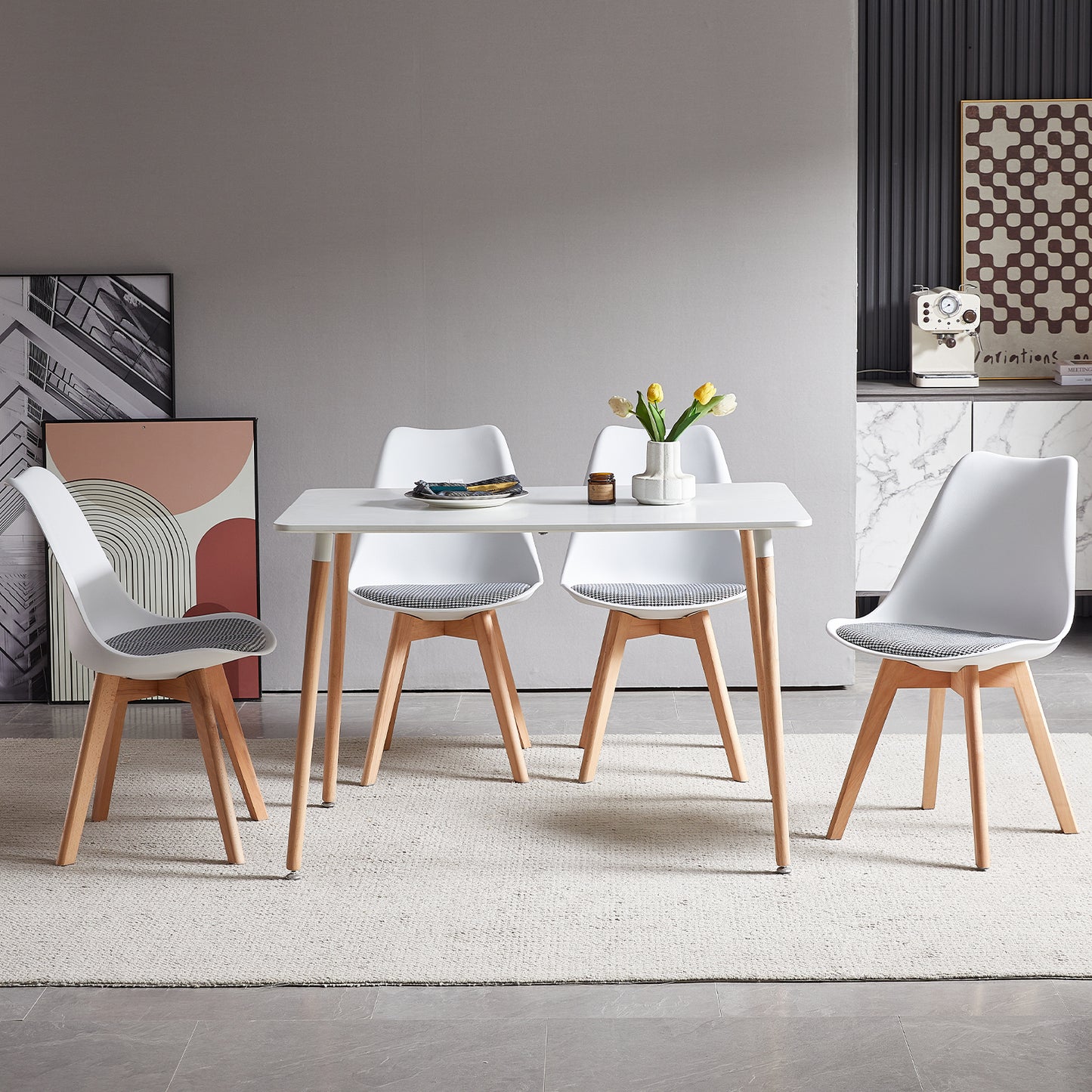 TULIP Dining Chair with Beech Legs - White/Houndstooth Linen