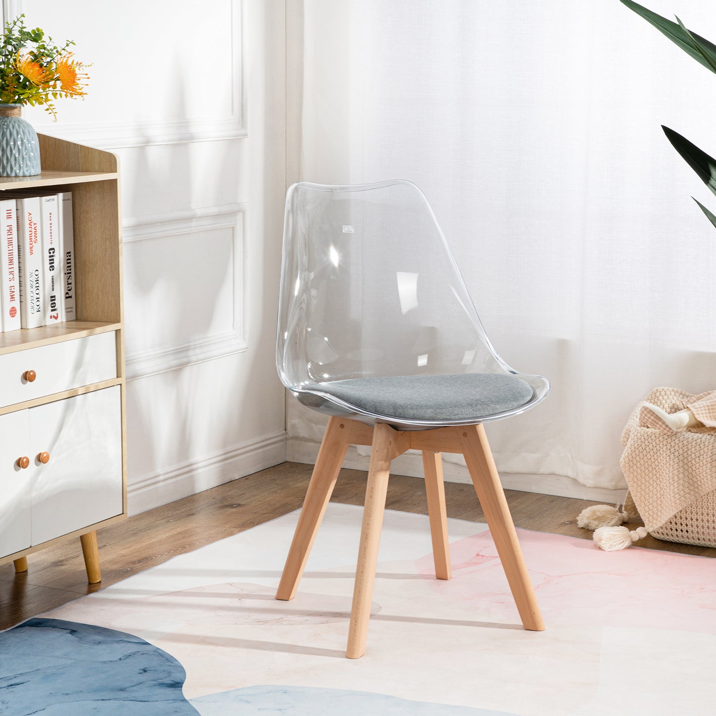 TULIP Dining Chair with Clear Back-Gray Linen