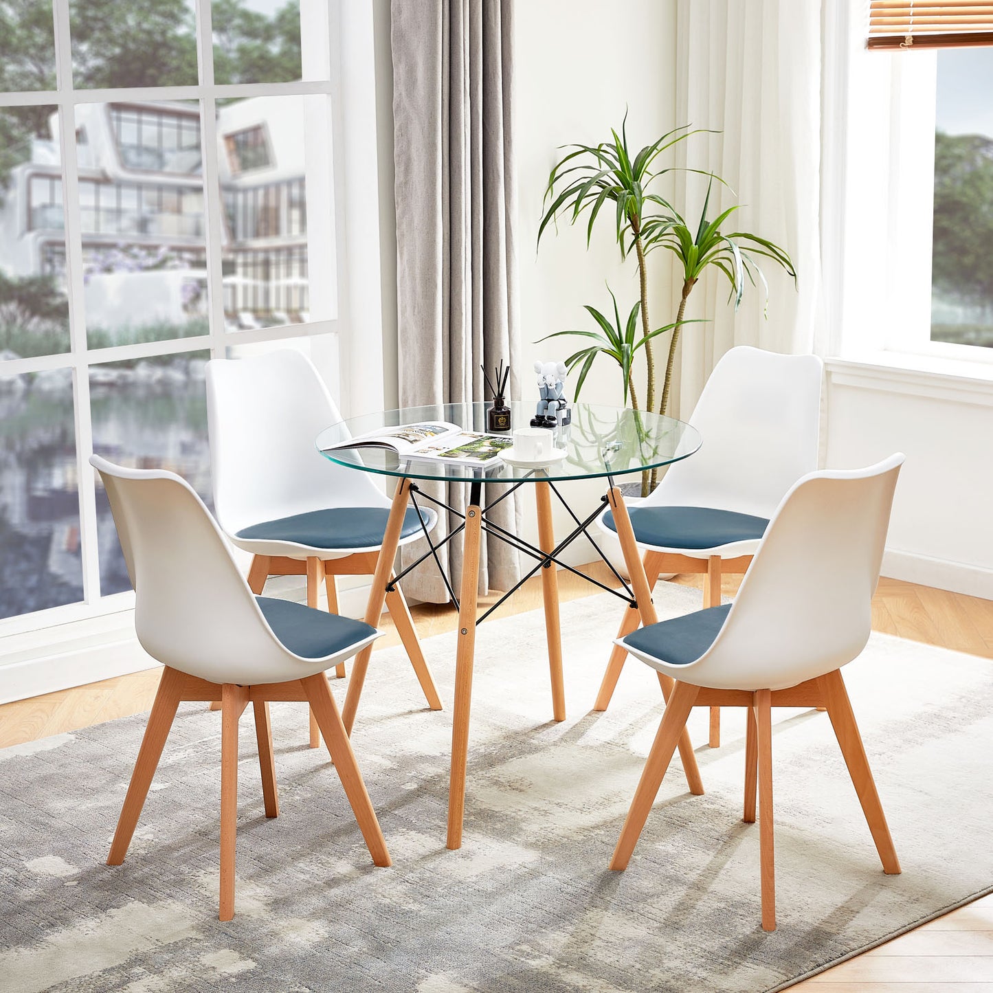 TULIP Dining Chair with Beech Legs - White/Dark Gray Blue