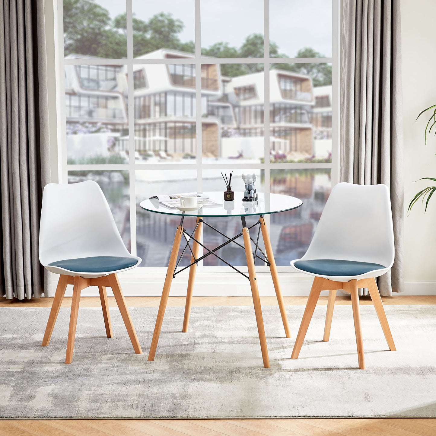 TULIP Dining Chair with Beech Legs - White/Dark Gray Blue