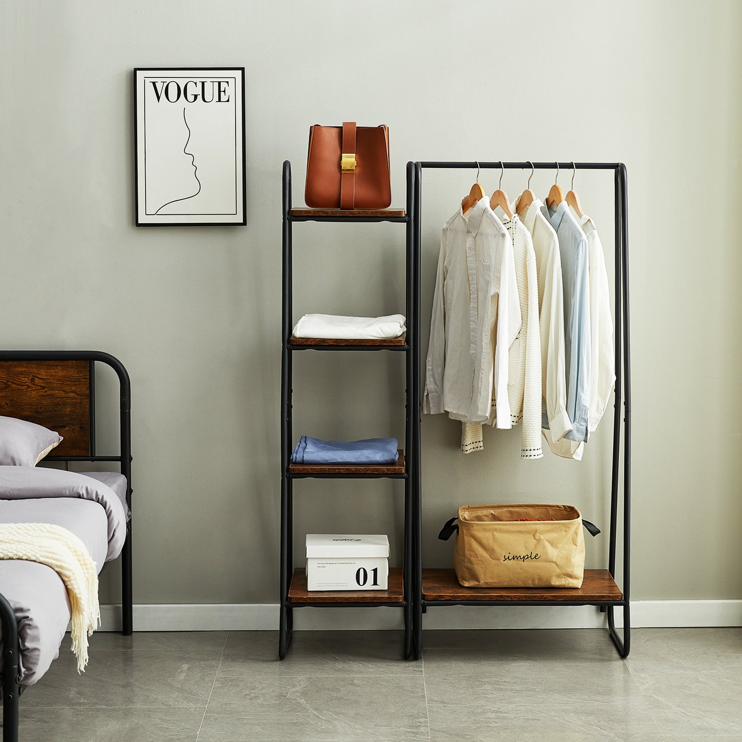 HAZEL Clothes Rail Metal with 4-Tier Shelves - Brown