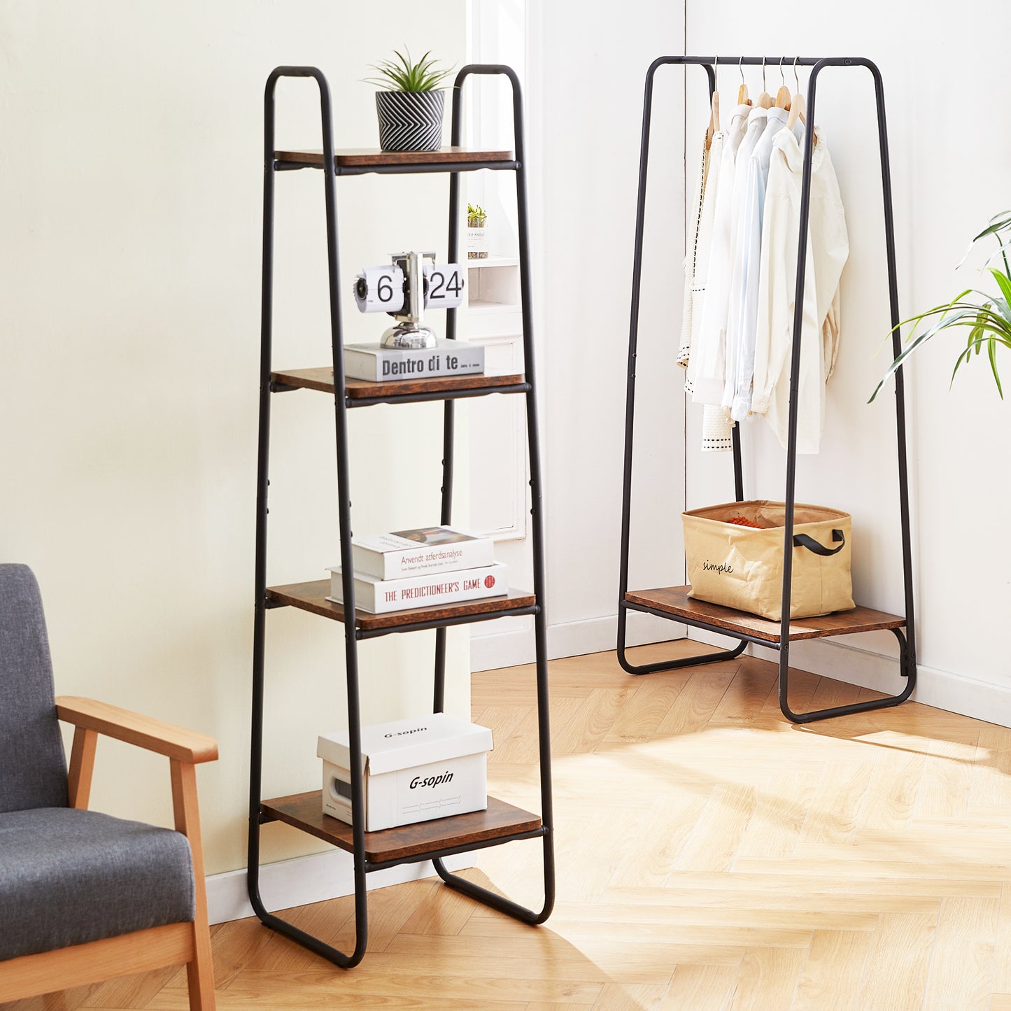 HAZEL Clothes Rail Metal with 4-Tier Shelves - Brown