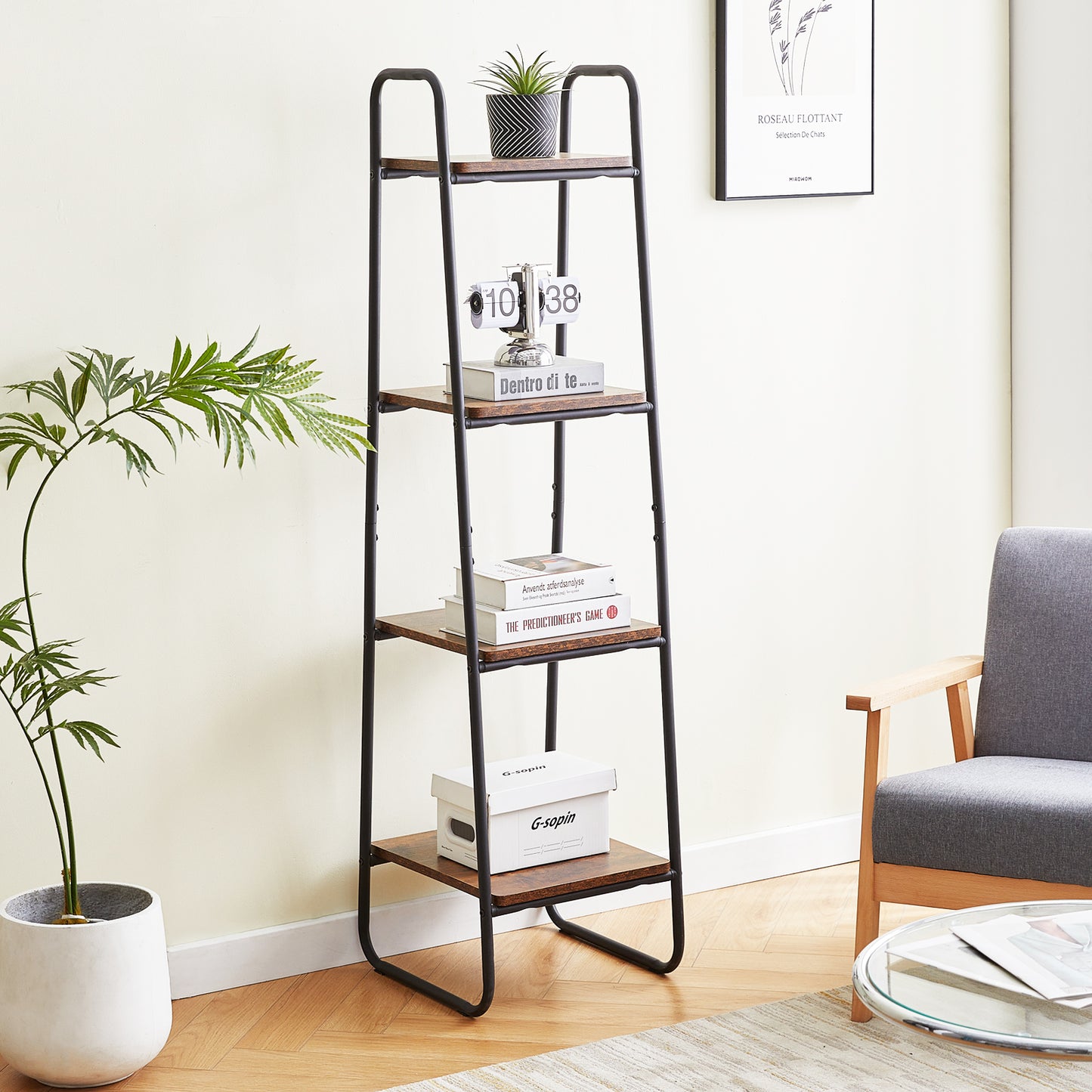 HAZEL Clothes Rail Metal with 4-Tier Shelves - Brown