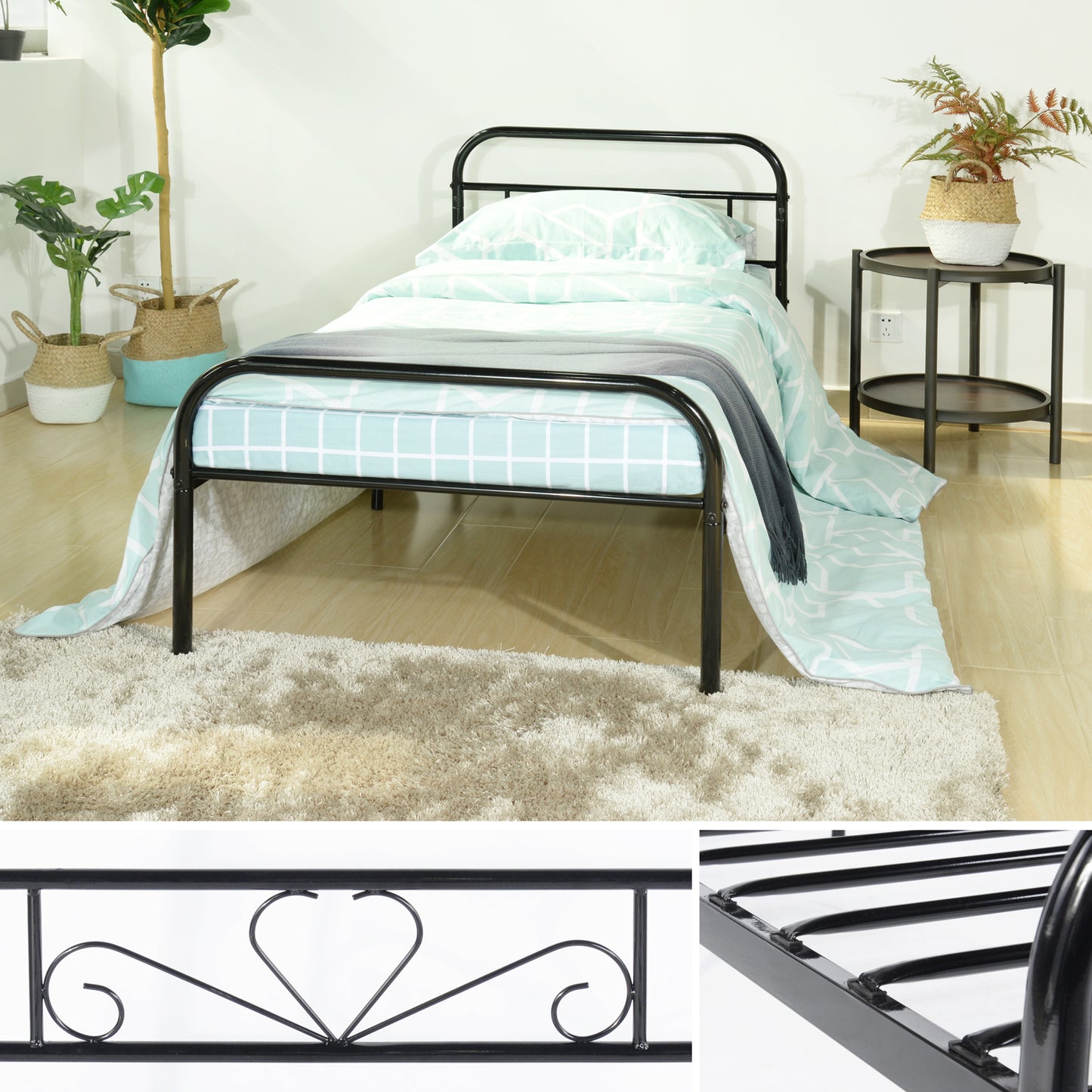 MILO Heart-shaped Single/Double Metal Bed 94 * 196 cm/143 * 196 cm - Black