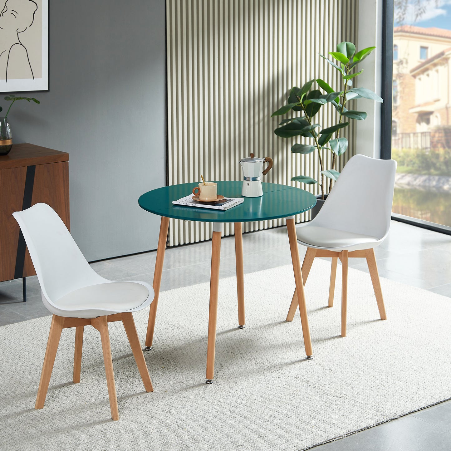 RONALD 80cm Circle Dining Table With Beech Legs - Lake Blue