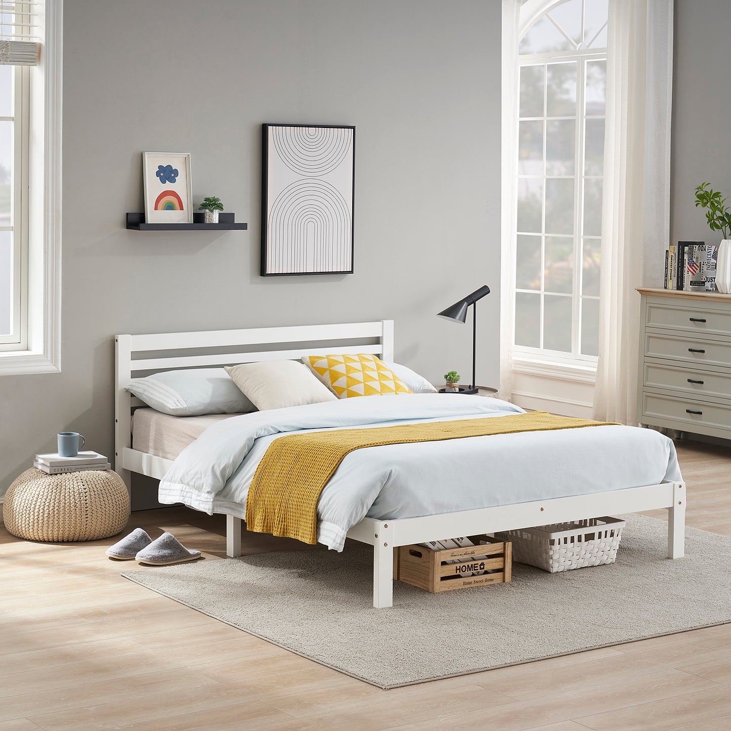 BEAN Double Pine Wooden Bed 148*196cm - White