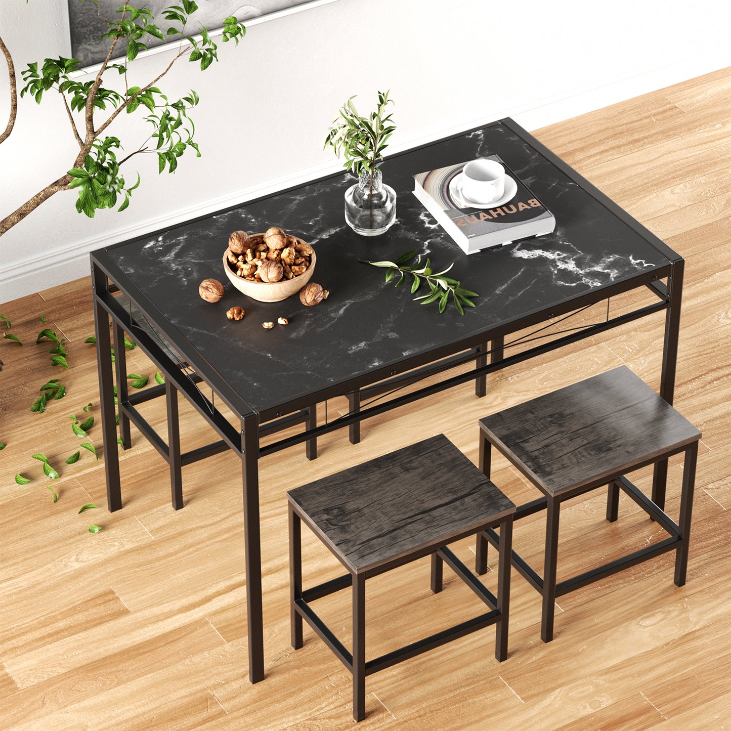 EMBERY 110cm Two Styles Dining Table With Iron Legs-Black MARBLE and White MARBLE