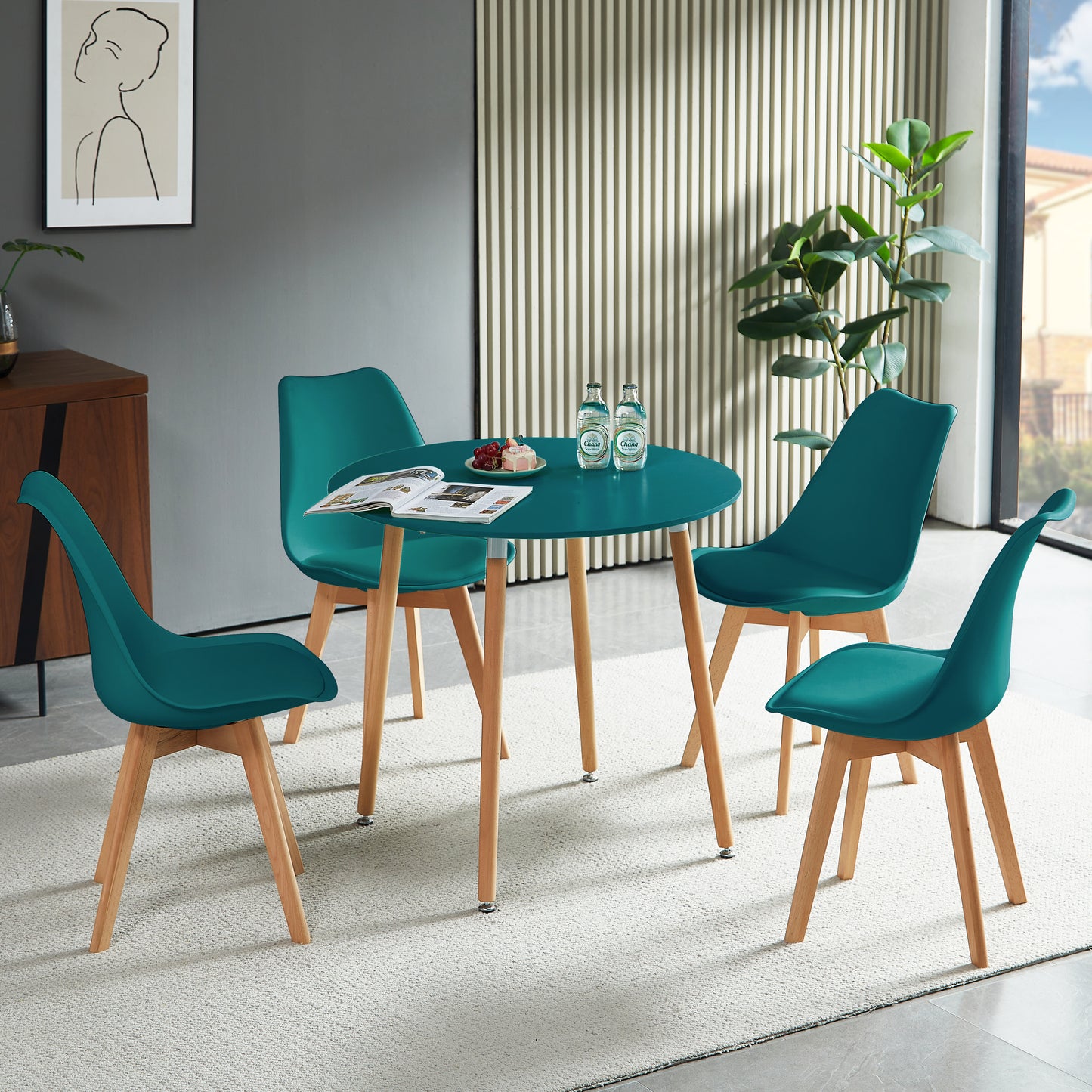 RONALD 80cm Circle Dining Table With Beech Legs - Lake Blue