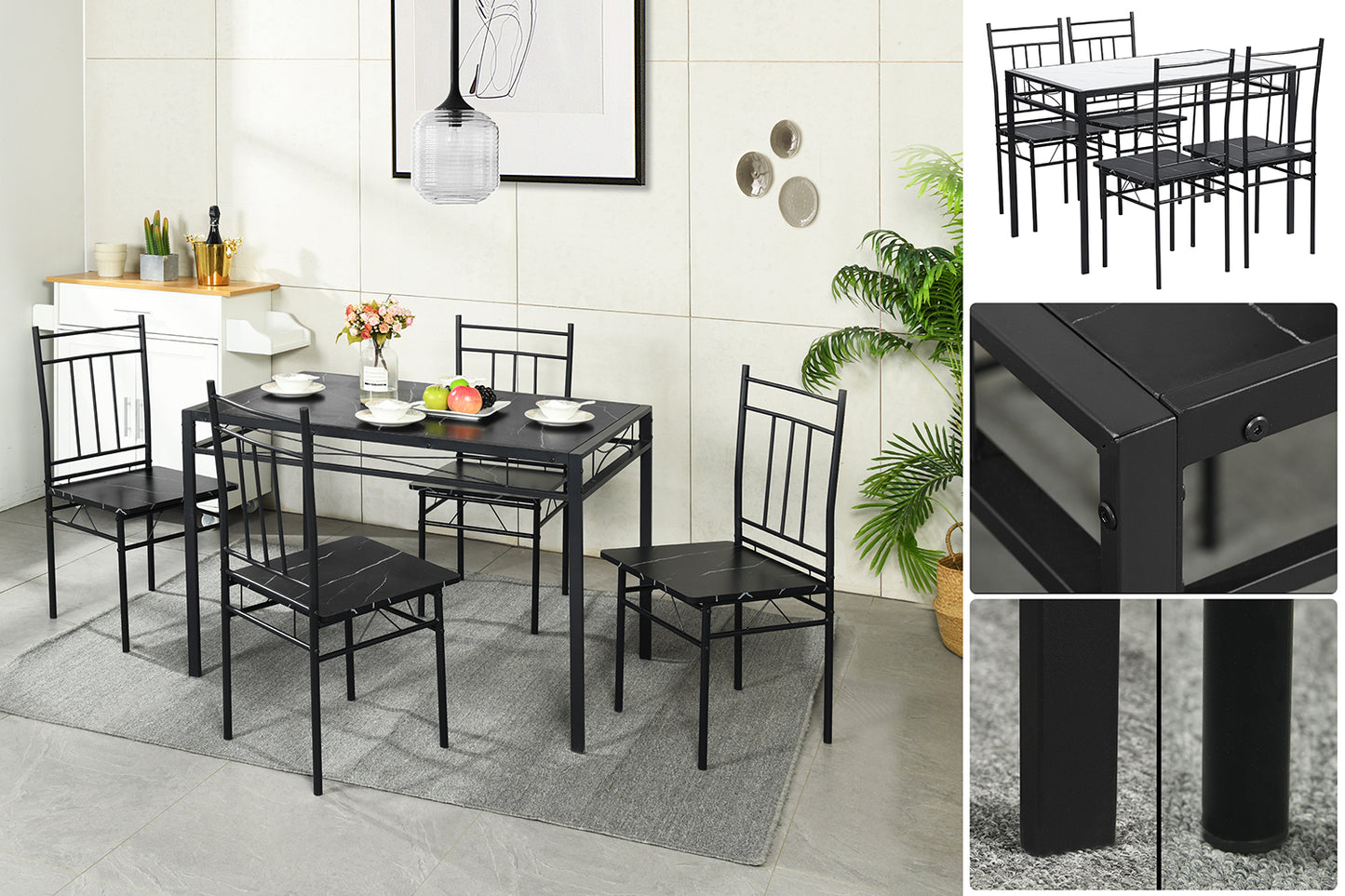 MARBURY  107cm Two Styles Dining Table With Iron Legs-Black MARBLE and White MARBLE