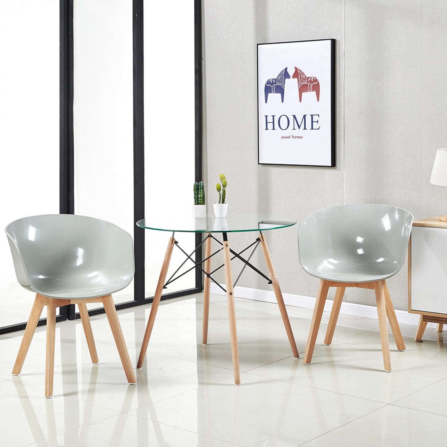 RAY 80cm Circle Glass Dining Table With Beech Legs-Clear