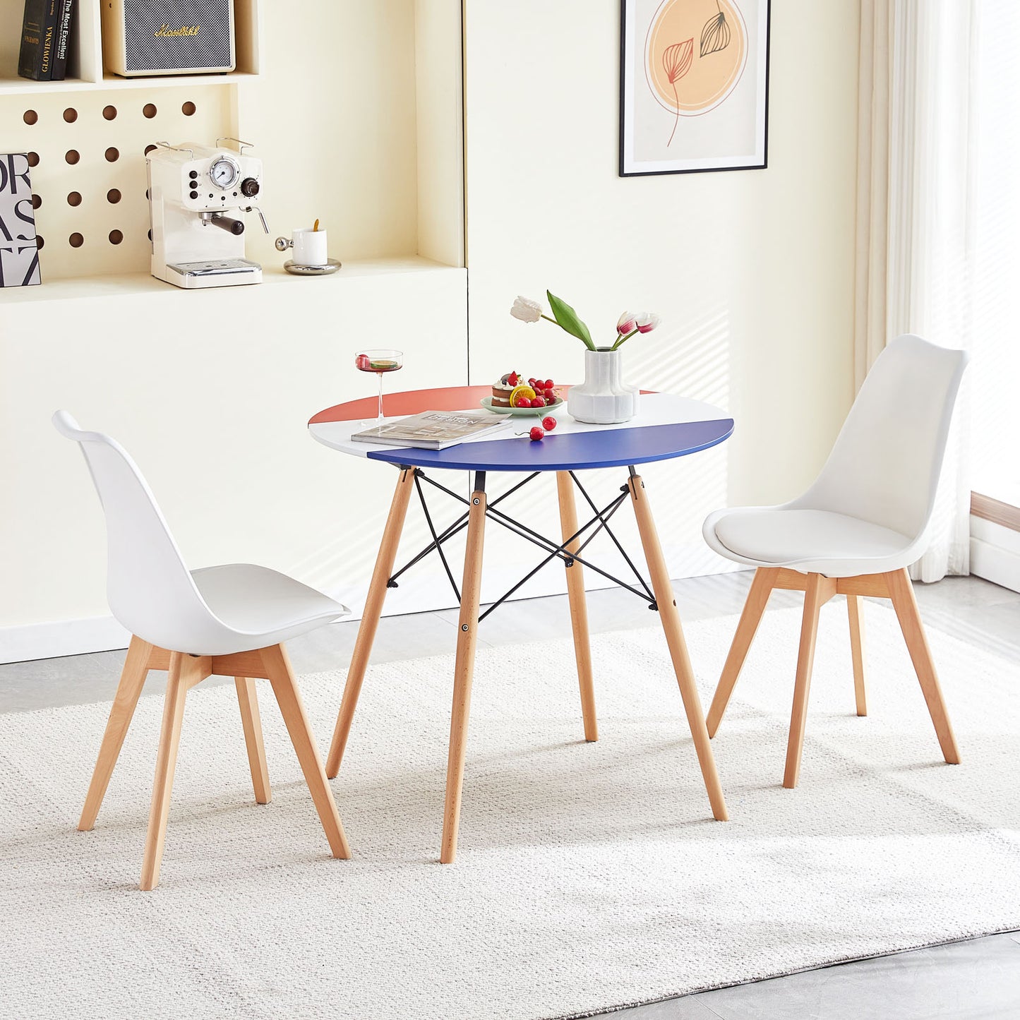 RAY 80cm Circle Splicing Dining Table With Beech Legs-Red White Blue