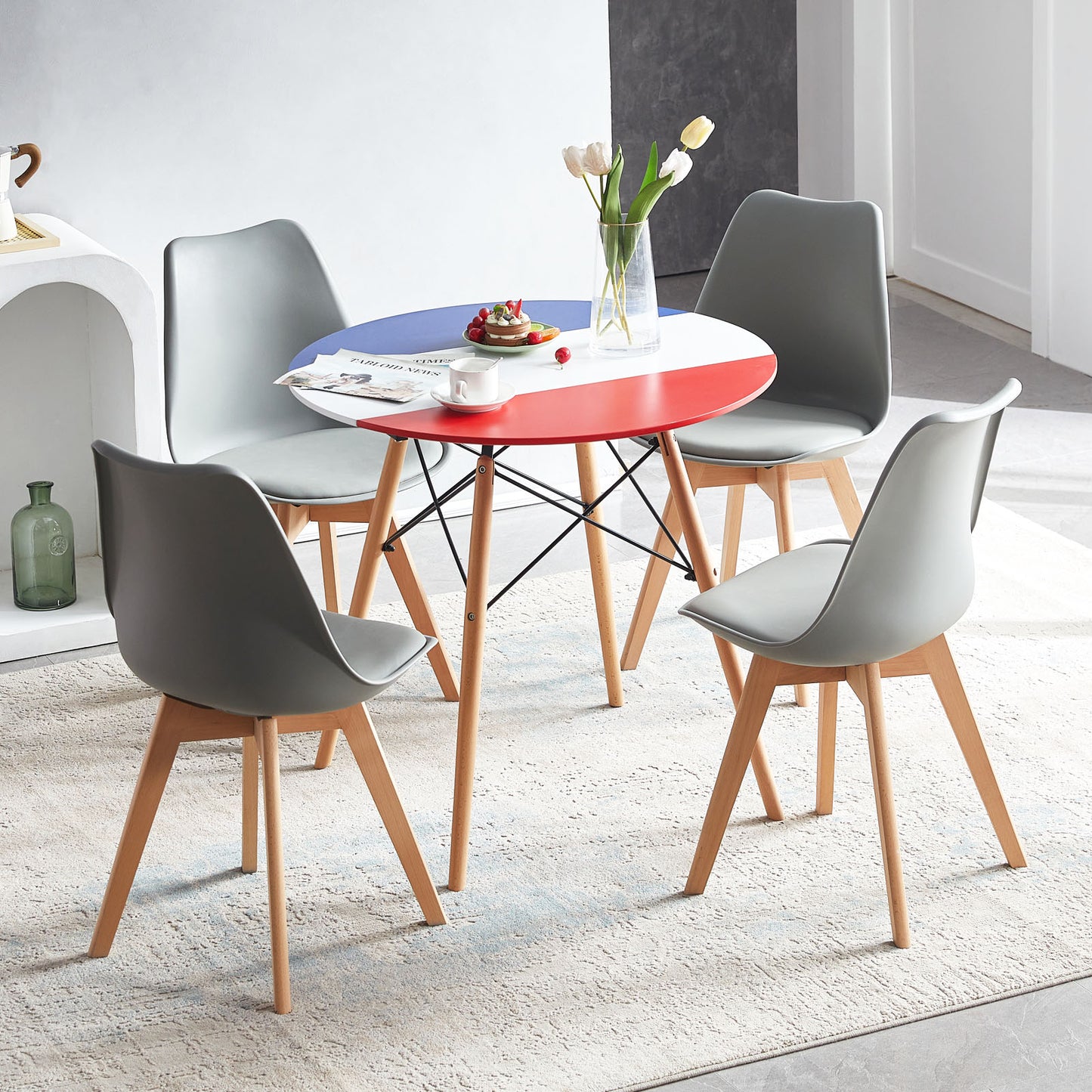 RAY 80cm Circle Splicing Dining Table With Beech Legs-Red White Blue
