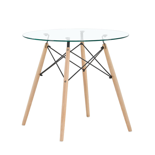 RAY 80cm Circle Glass Dining Table With Beech Legs-Clear