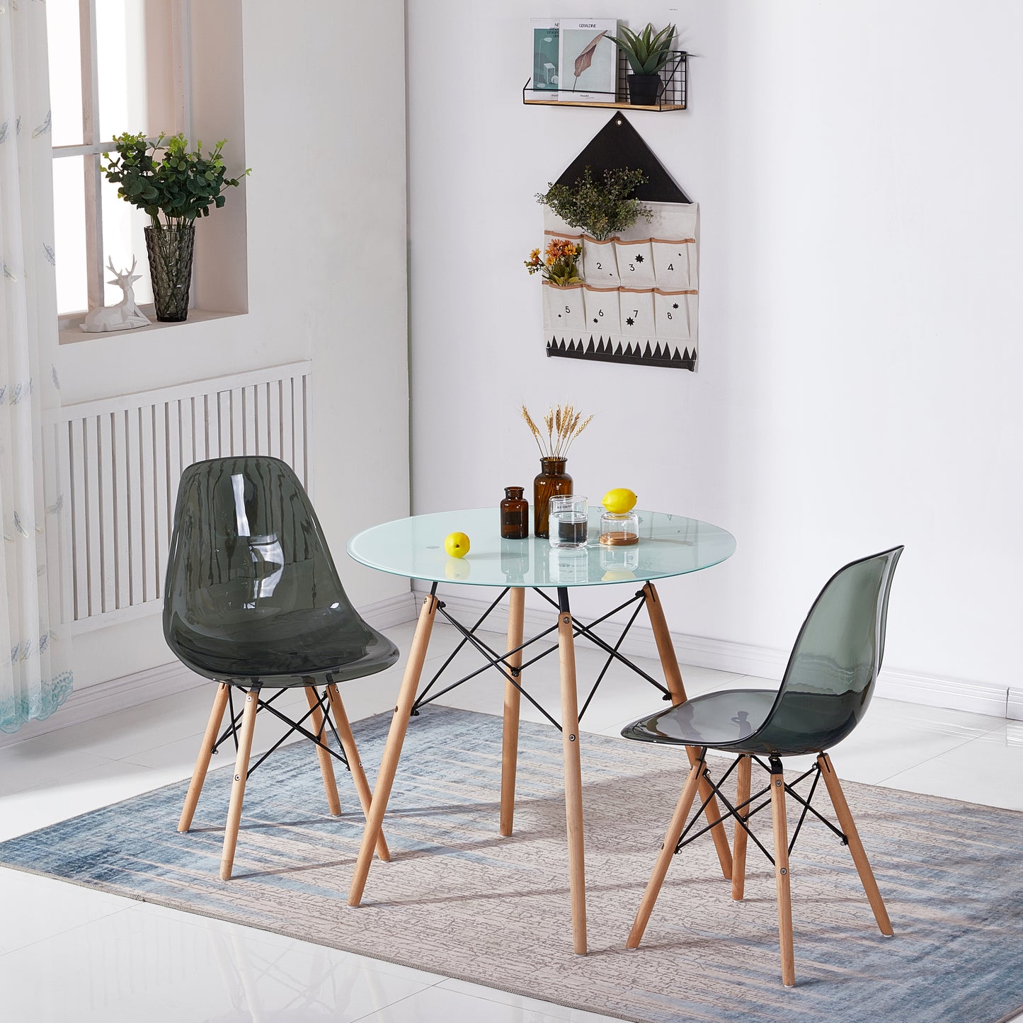 RAY 80cm Circle Glass Dining Table With Beech Legs-White fog