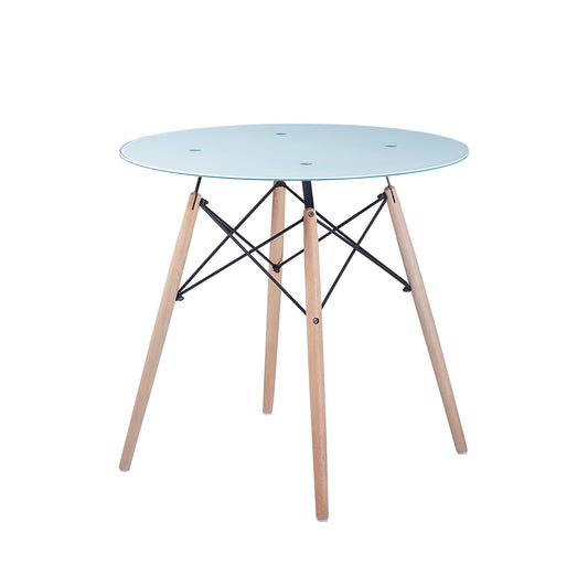 RAY 80cm Circle Glass Dining Table With Beech Legs-White fog