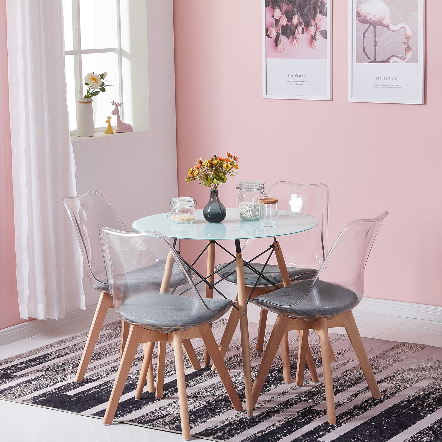 RAY 80cm Circle Glass Dining Table With Beech Legs-White fog