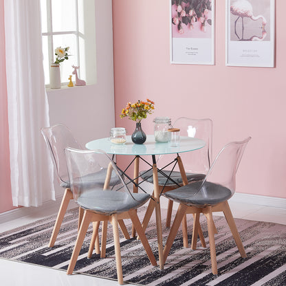 RAY 80cm Circle Glass Dining Table With Beech Legs-White fog