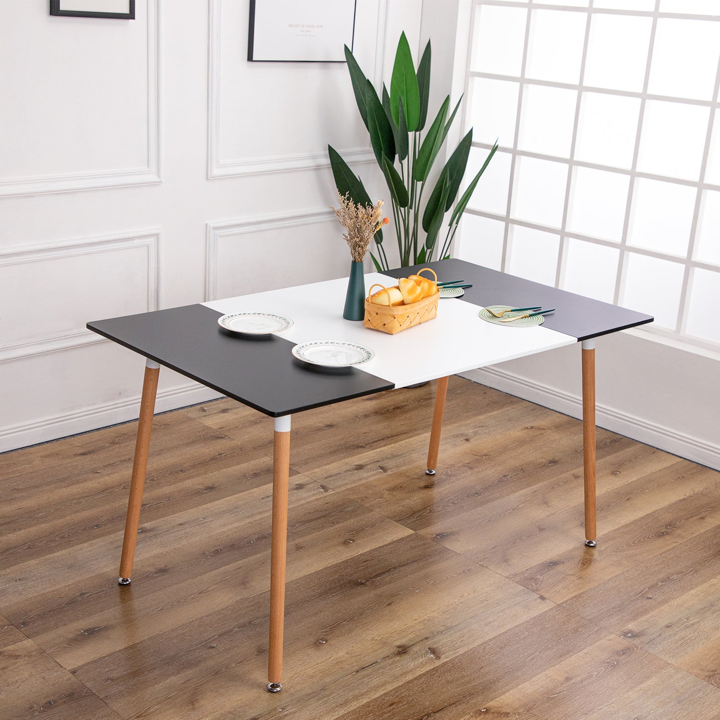 ROLL 160cm Splicing Dining Table With Beech Legs-Black White Black