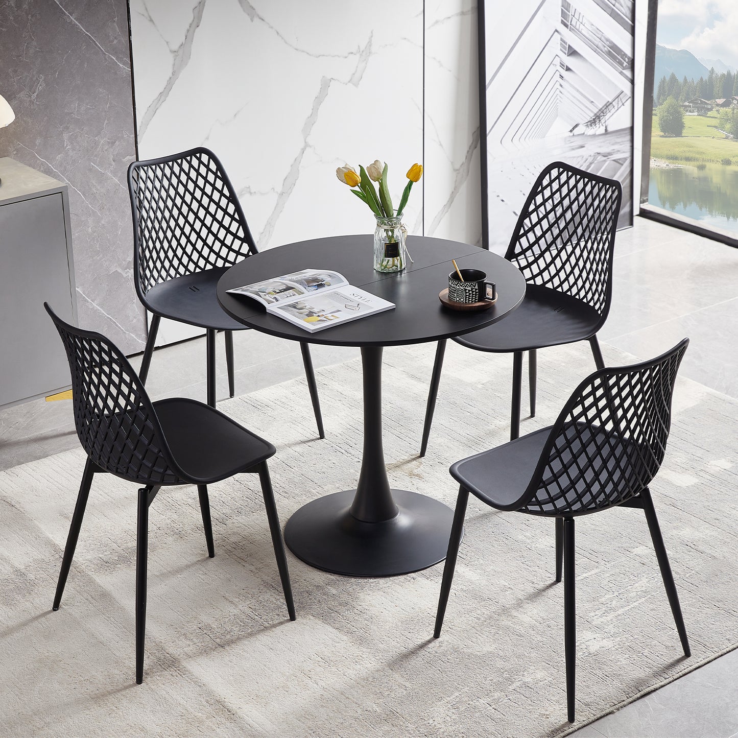 TULIP 80cm Circle Dining Table With Iron Legs-Black