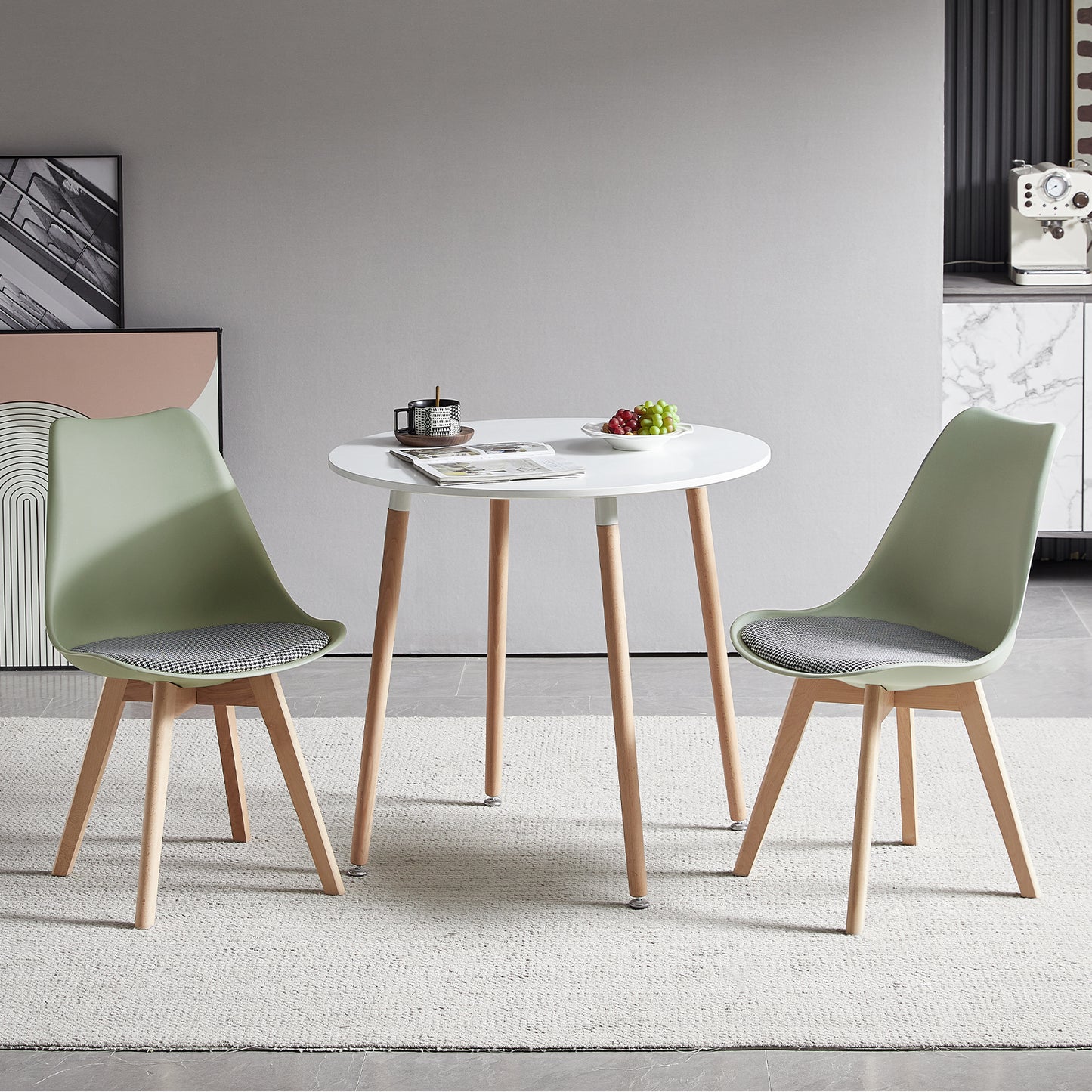 TULIP Dining Chair with Beech Legs - Light Green/Houndstooth Linen