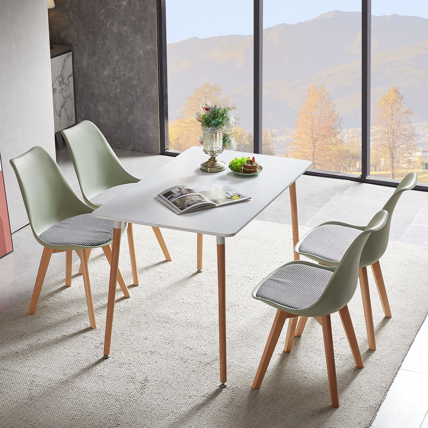 TULIP Dining Chair with Beech Legs - Light Green/Houndstooth Linen