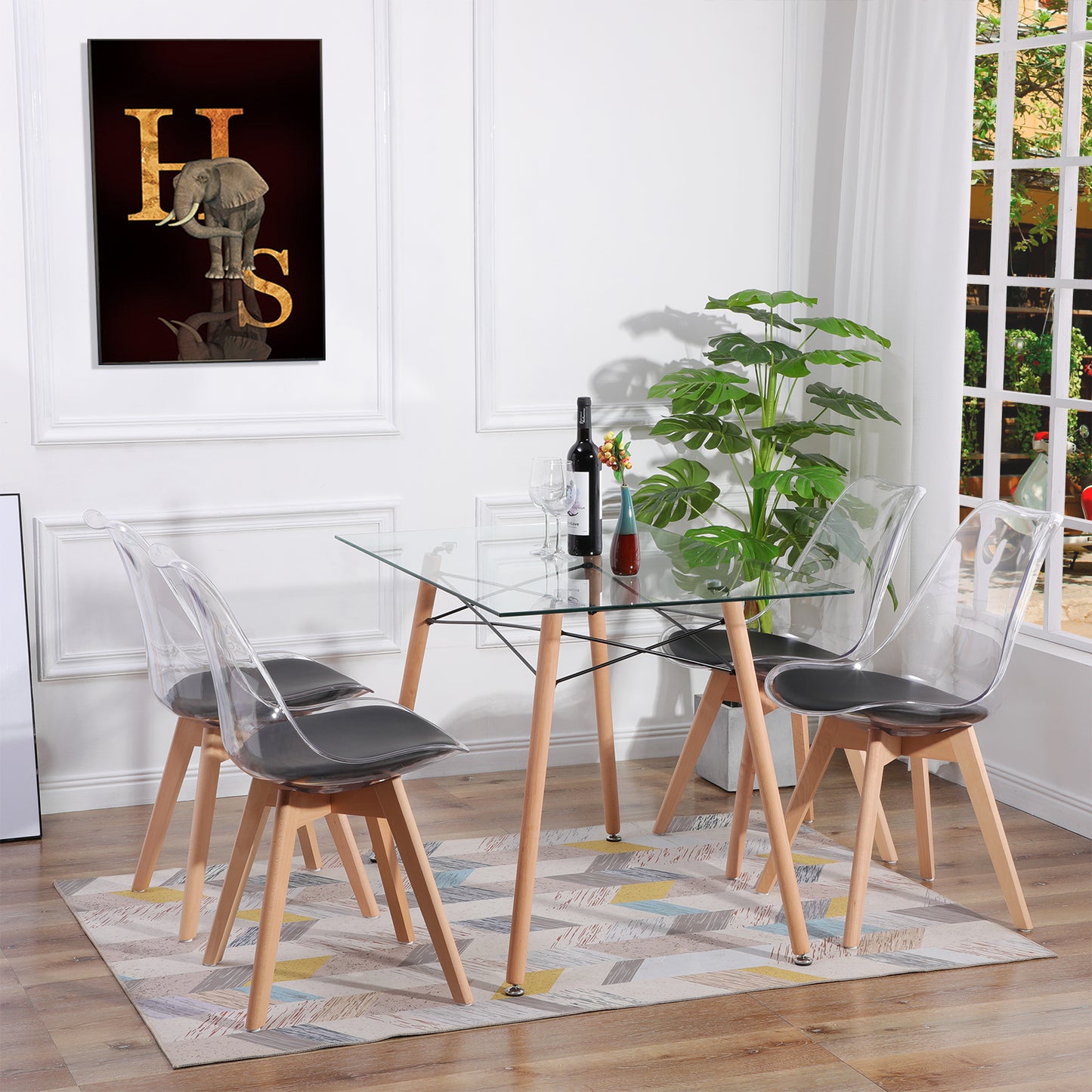 ZAPPA 110cm Glass Dining Table With Beech Legs-Clear