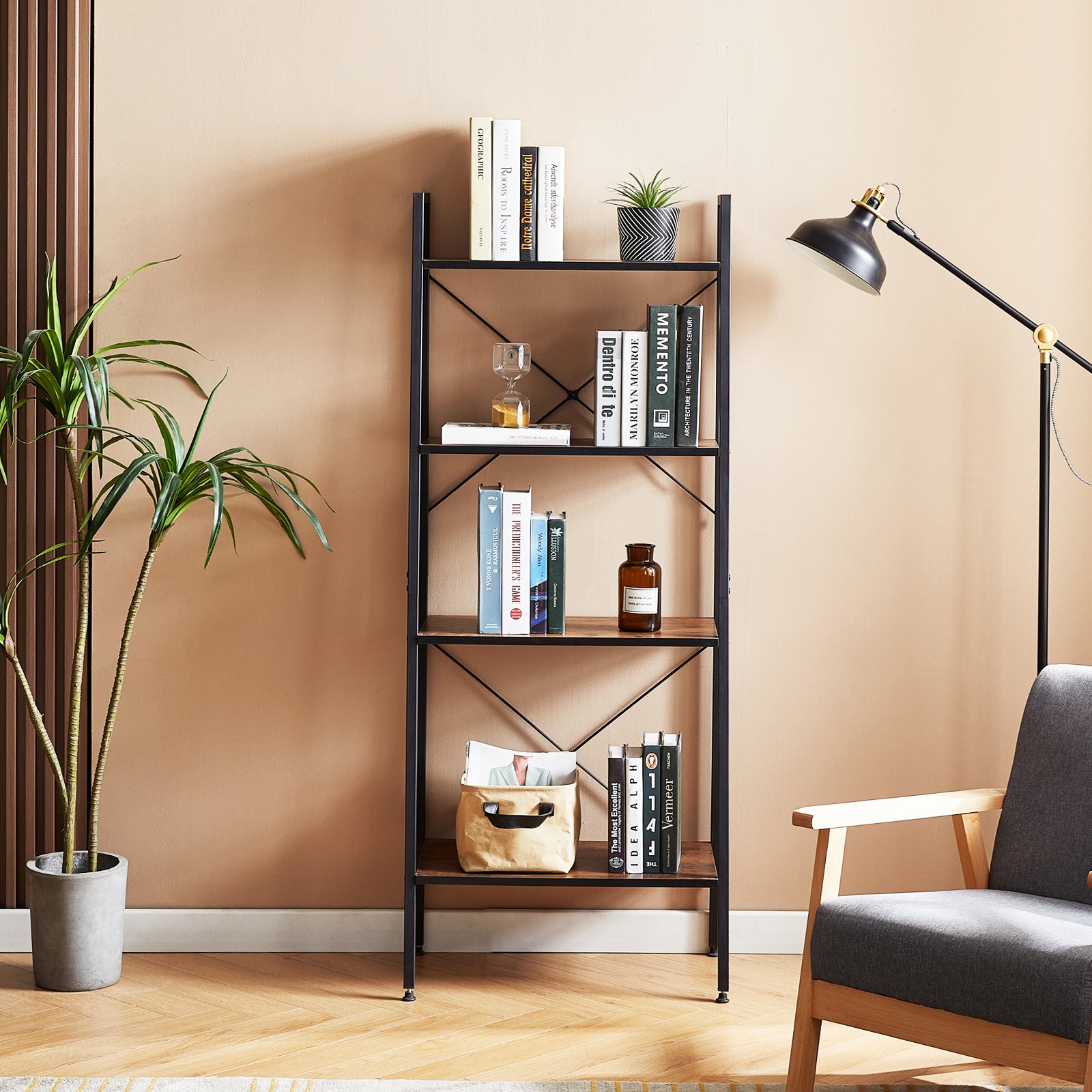 GRAPE 4-Tier Ladder Shelf with Metal Frame - Rustic Brown