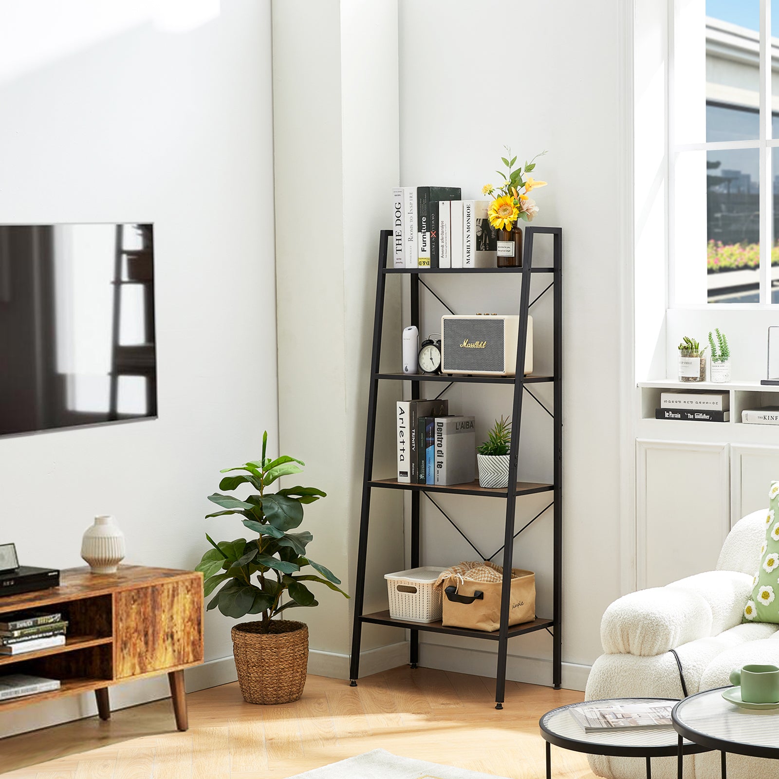 GRAPE 4-Tier Ladder Shelf with Metal Frame - Rustic Brown
