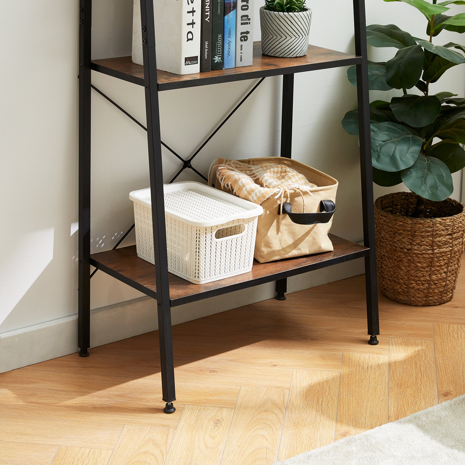 GRAPE 4-Tier Ladder Shelf with Metal Frame - Rustic Brown