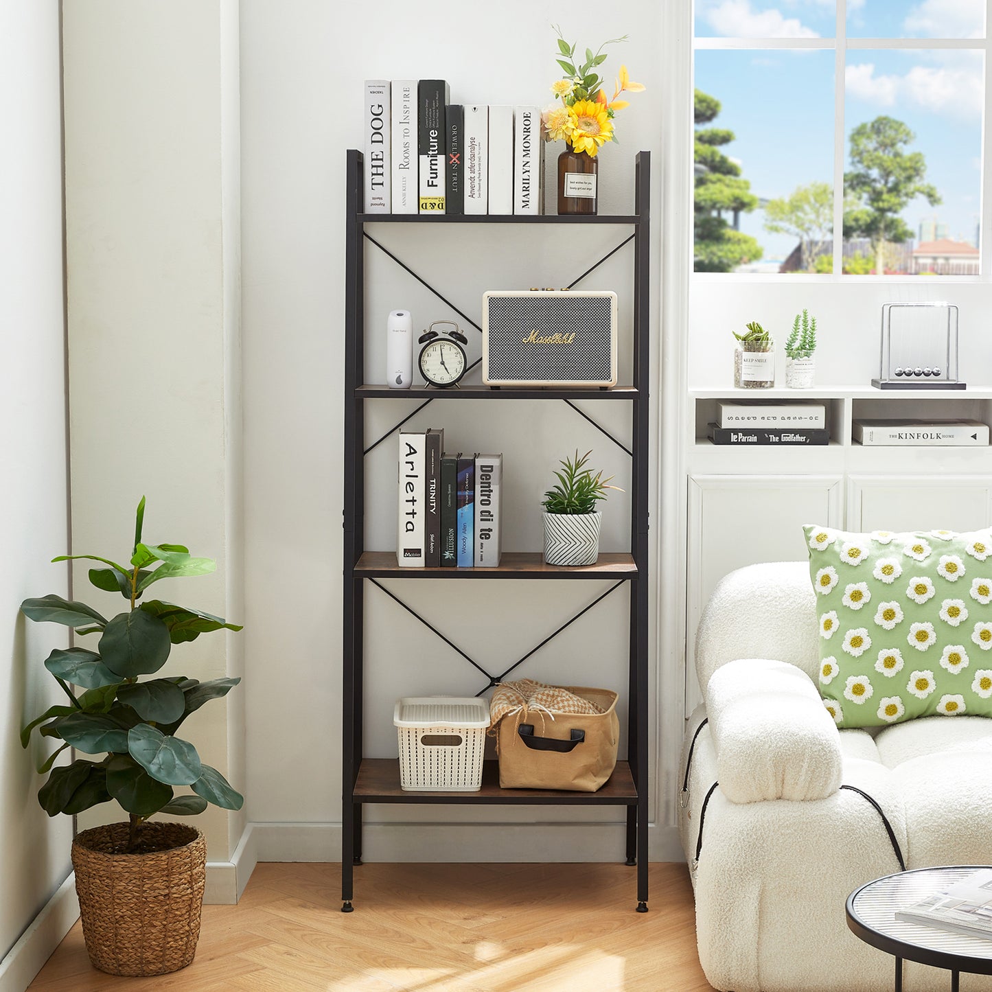 GRAPE 4-Tier Ladder Shelf with Metal Frame - Rustic Brown