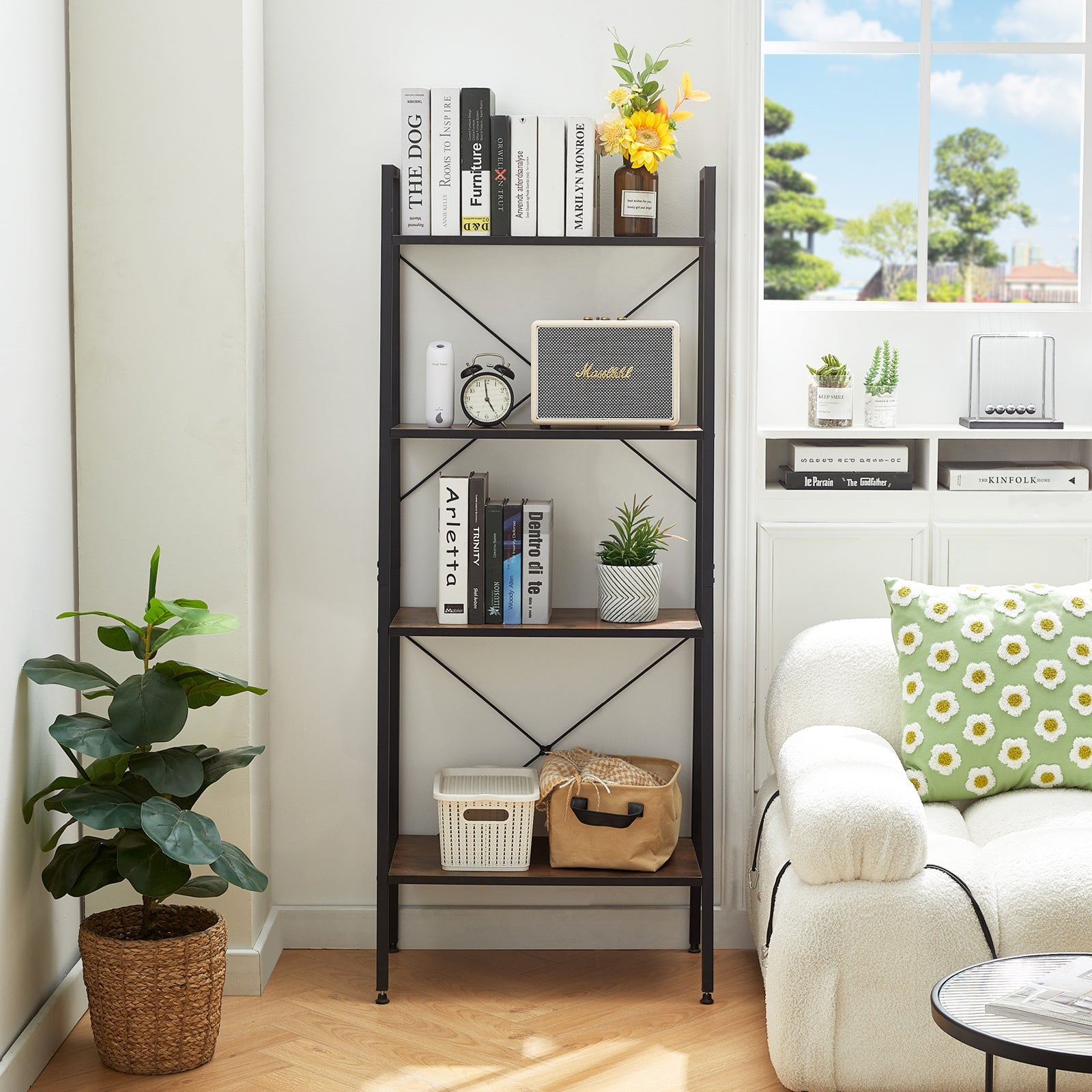 GRAPE 4-Tier Ladder Shelf with Metal Frame - Rustic Brown