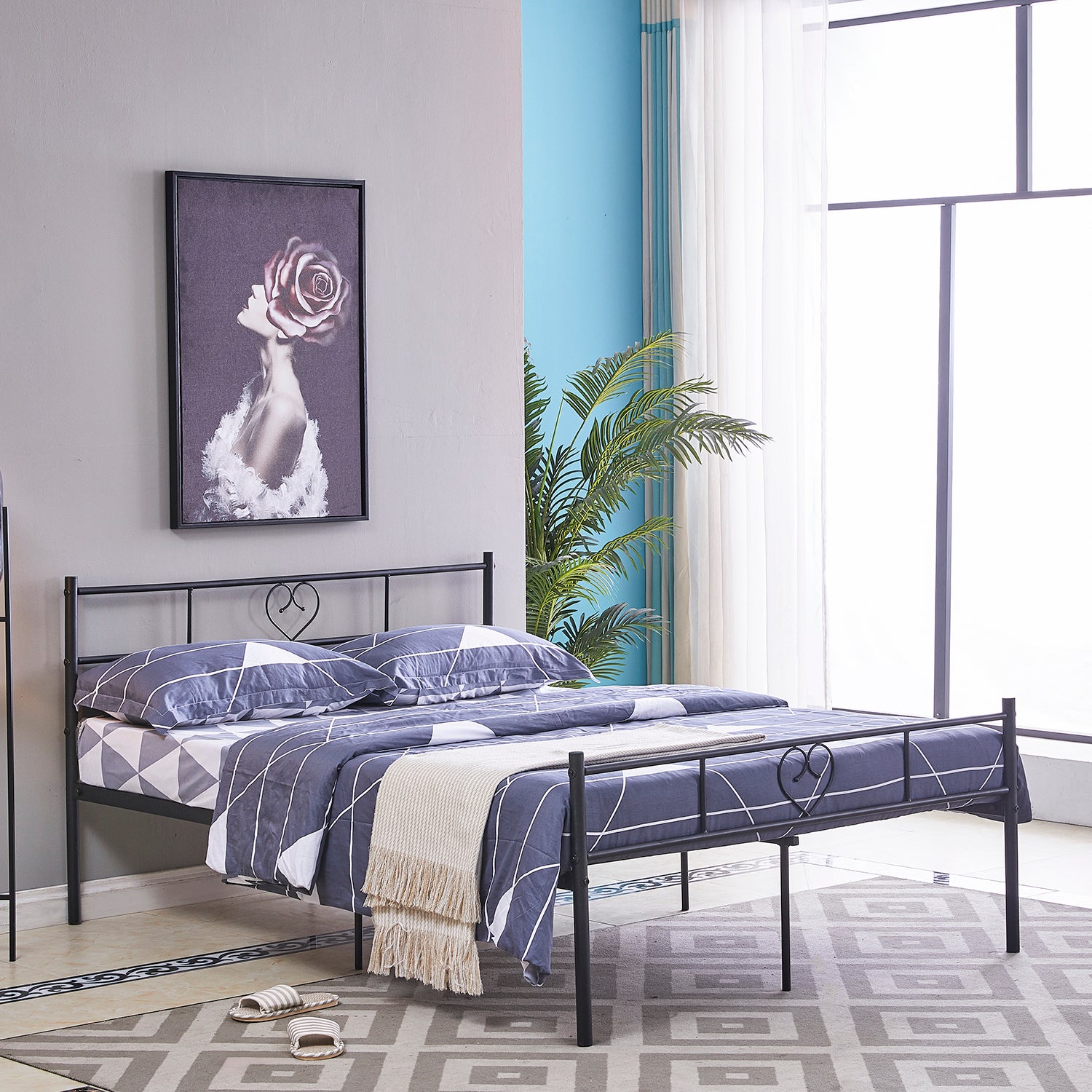 Heart-shaped Single/Double Metal Bed 94 * 196 cm/143 * 196 cm - Black
