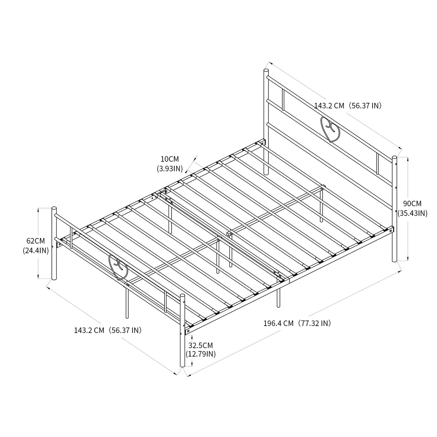 Heart-shaped Single/Double Metal Bed 94 * 196 cm/143 * 196 cm - Black