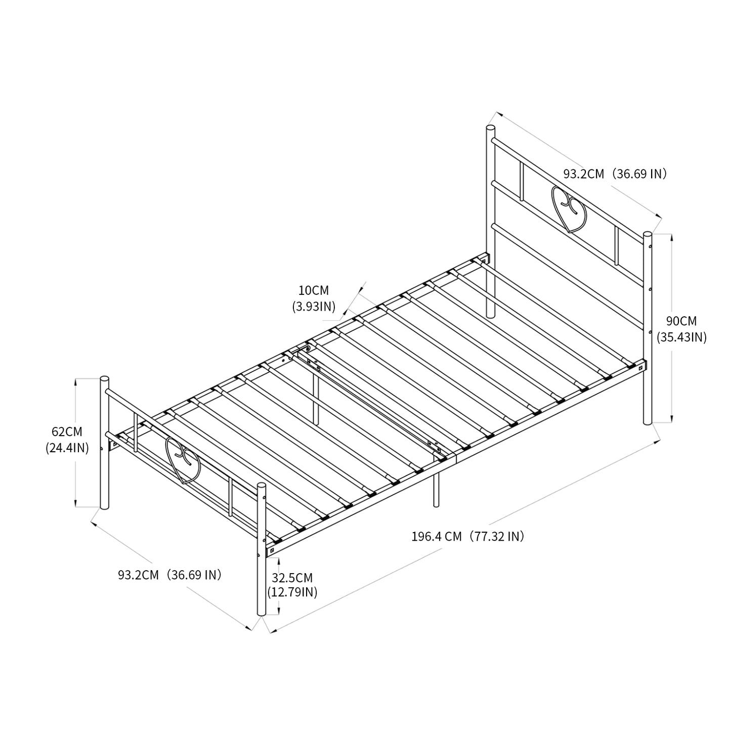 Heart-shaped Single/Double Metal Bed 94 * 196 cm/143 * 196 cm - Black