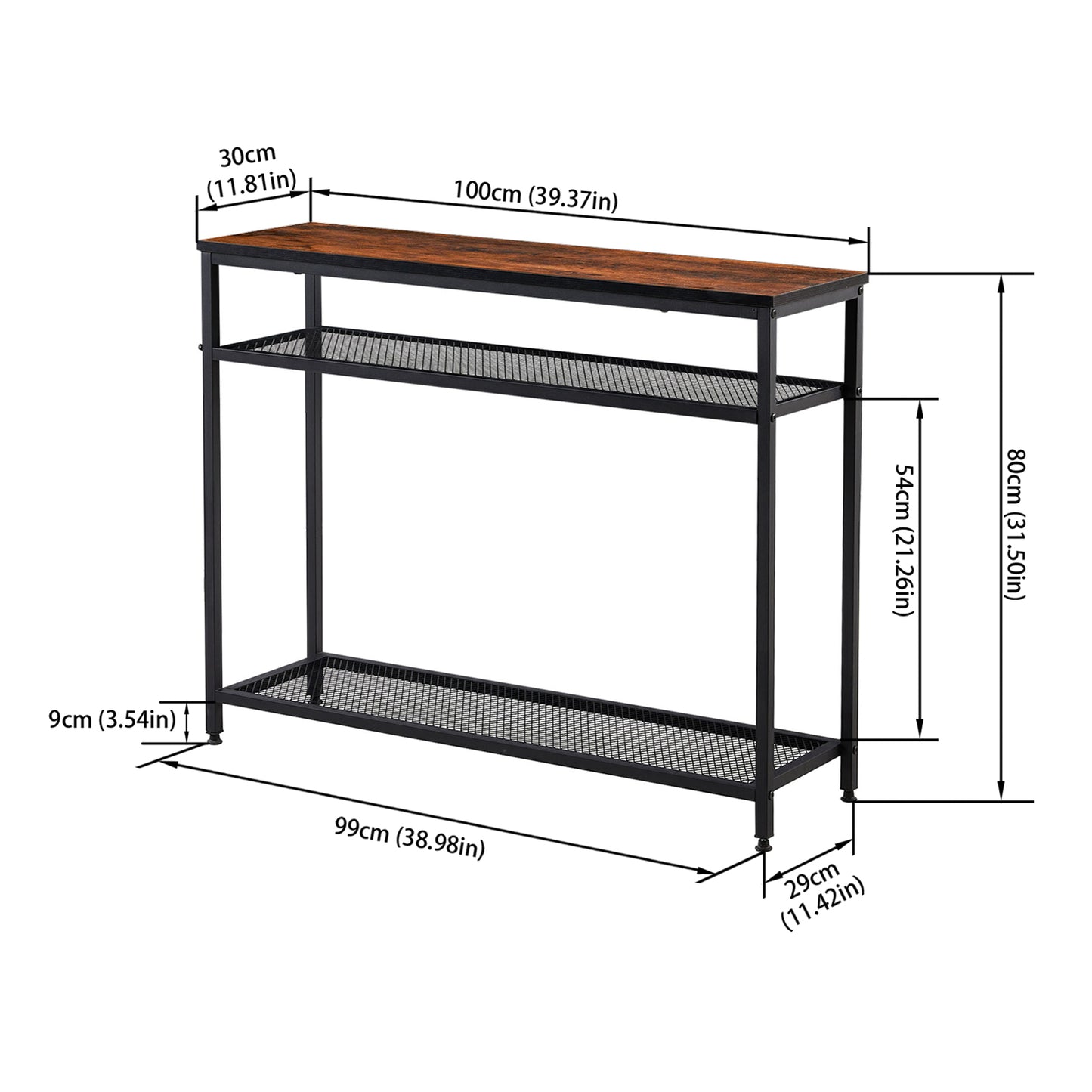 HAW 3-Tier Console Table with Storage Shelf - Rustic Brown