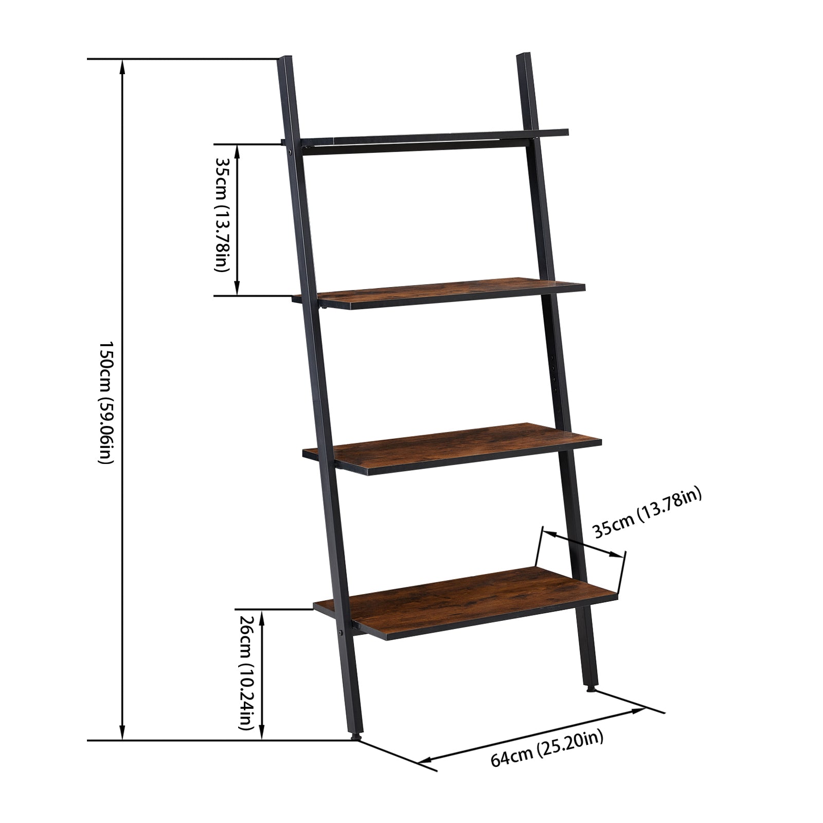 PAW Rustic Ladder Bookshelf, 4-Tier Ladder Shelf Standing Leaning Book Shelves - Rustic Brown