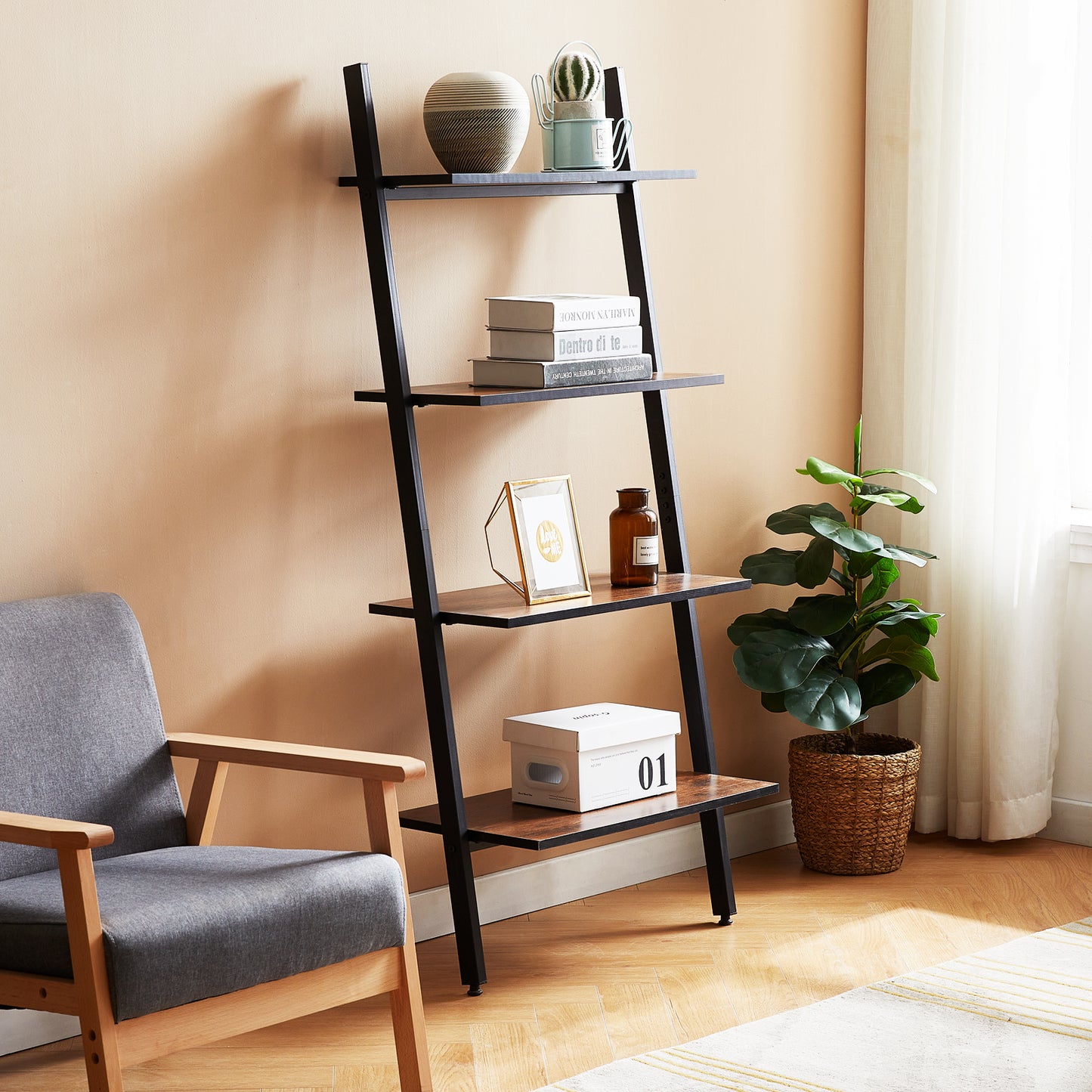 PAW Rustic Ladder Bookshelf, 4-Tier Ladder Shelf Standing Leaning Book Shelves - Rustic Brown