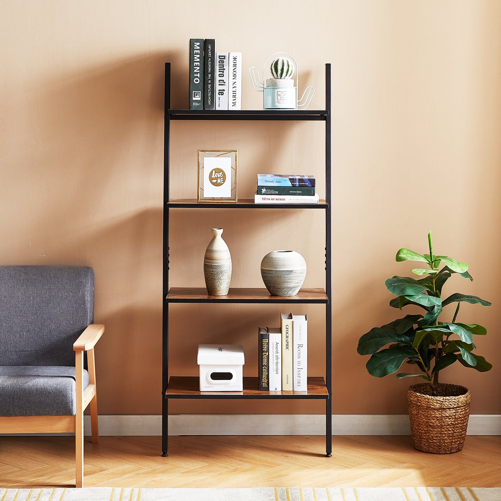 PAW Rustic Ladder Bookshelf, 4-Tier Ladder Shelf Standing Leaning Book Shelves - Rustic Brown