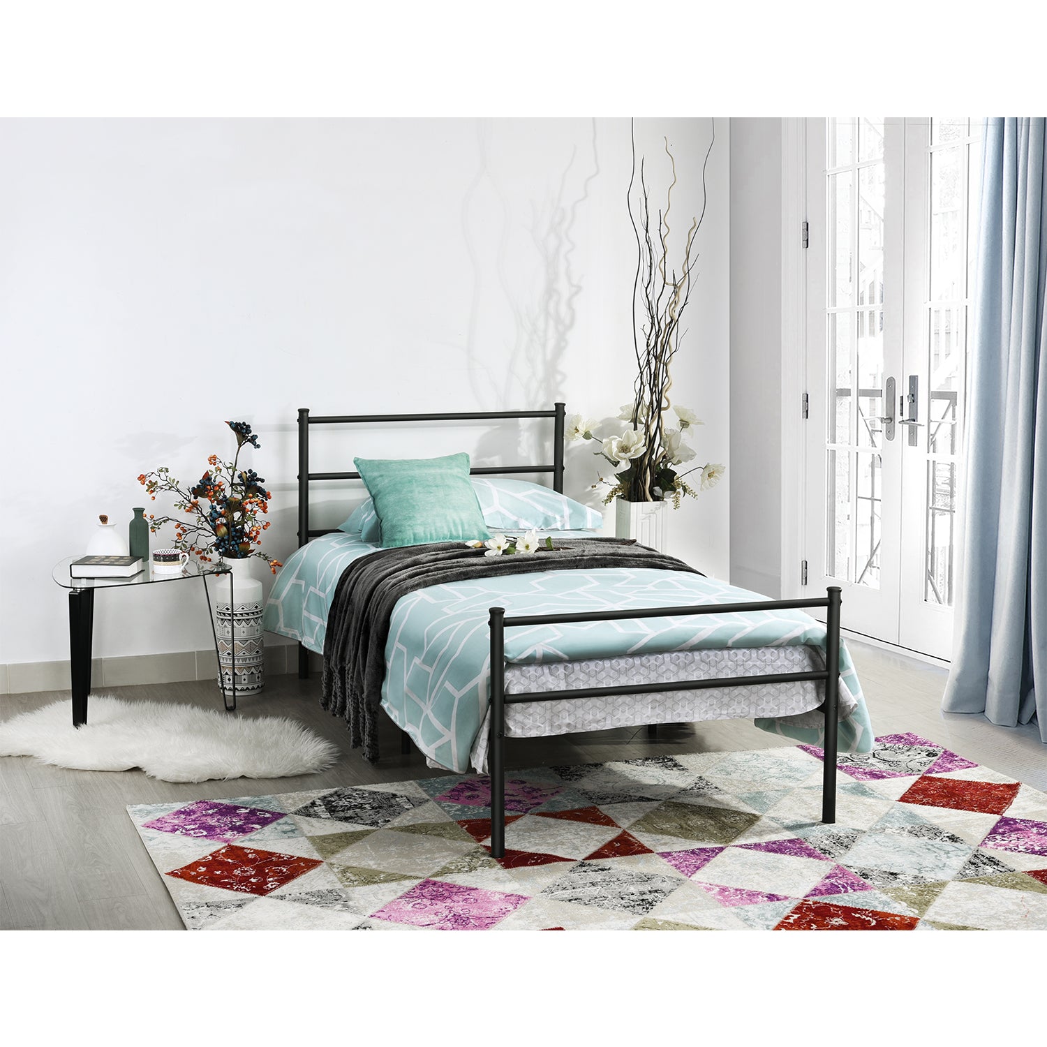 PRIMO Single/Double Metal Bed 94 * 196 cm/143 * 196 cm - Black/White